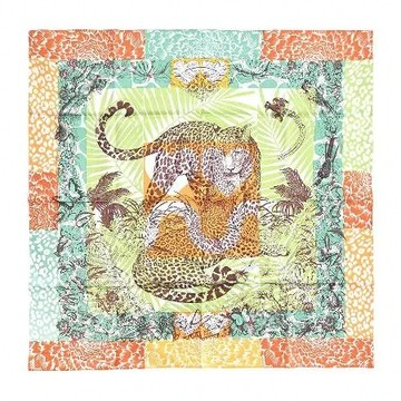Hermes 愛馬仕 Jungle Love stamped 70 cm手工捲邊斜紋真絲方巾(綠/橙/棕)