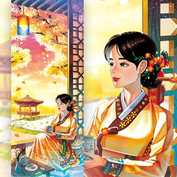 四季-秋姑娘韓國韓服插畫明信片（uha）書籤