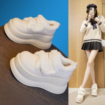 樂福鞋女2025冬季新款加絨厚底松糕毛毛鞋增高棉鞋真皮黑色小皮鞋