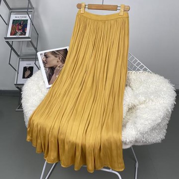 仿真絲醋酸長款半身裙女垂感遮胯夏季高腰顯瘦褶皺a字裙氣質長裙