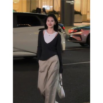 韓系穿搭假兩件長袖T恤女春季設計感小眾修身內搭針織打底衫上衣