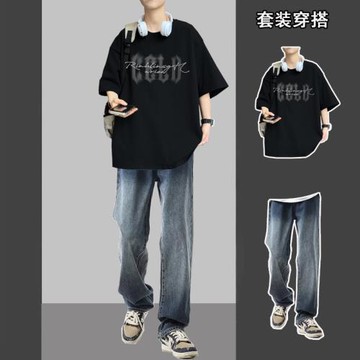 潮牌美式短袖t恤男款夏季休閑寬松體恤穿搭痞帥炸街薄款半袖衣服