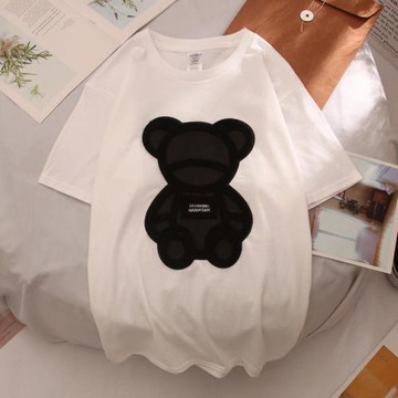 2025春夏情侶裝ins潮牌男女bf風大碼休閑貼布小熊純棉t恤美式半袖