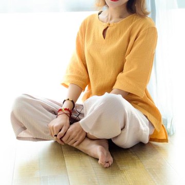 簡約文藝女夏純棉七分袖家居服上衣輕復古全棉縐布純色套頭睡衣薄