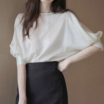 S-XL 法式醋酸緞面襯衫女 雪紡白襯衫女 泡泡中袖垂感短版上衣 洋氣寬鬆圓領上衣女 白襯衫 通勤穿搭 職業裝 七分袖衫