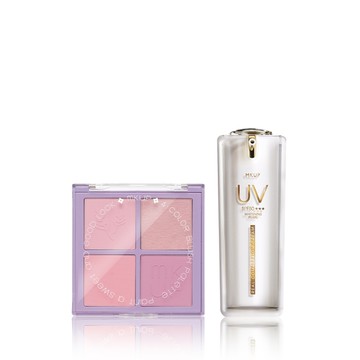 MKUP 美咖 （紫想澎嫩四色腮紅盤／白裡透紅四色腮紅盤）擇一＋頂級白珍珠UV素顏霜