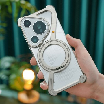 異形骨架殼適用華為Pura70Ultra手機殼Pro+金屬無邊框旋轉半包鏤空磁吸支架超薄四角氣