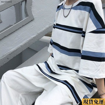 ✨臺灣發✨ 條紋  短袖  t恤男ins 夏季 日系潮牌高街寬鬆情侶潮流圓領五分休閒半袖