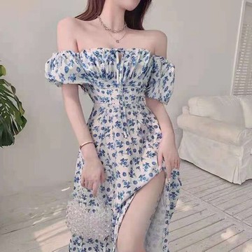 氣質設計感茶歇法式連衣裙藍色碎花裙女2022夏季新款長款開叉長裙