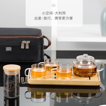 尚明玻璃旅行茶具套裝便攜式一壺二杯四杯帶茶盤隨身車載戶外泡茶