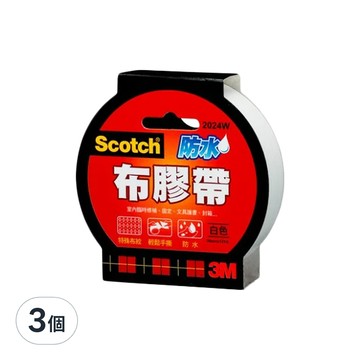 3M Scotch 強力防水布膠帶，24mm x 15Yd，特殊布紋，輕易手撕  白色  3個