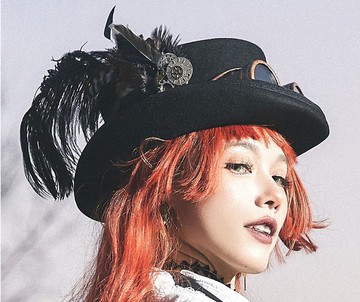 蒸汽朋克 steampunk 黑色復古 羽毛風鏡 羊毛毛呢 平頂禮帽