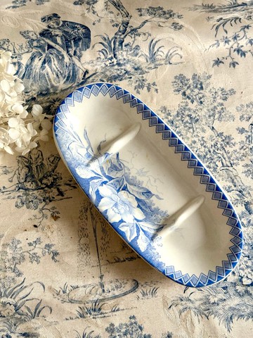 40545-法國古董Creil & montereau 藍色花卉置物盤