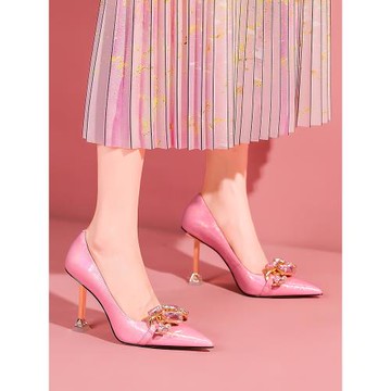 設計師款水鉆單鞋細跟高跟鞋小香風粉色女鞋氣質百搭尖頭真皮女鞋