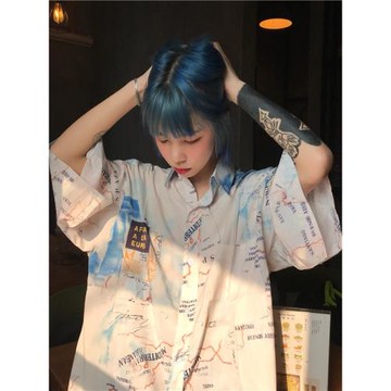mapogo 原宿風復古航海圖上衣街頭嘻哈寬松印花短袖襯衫學生男女