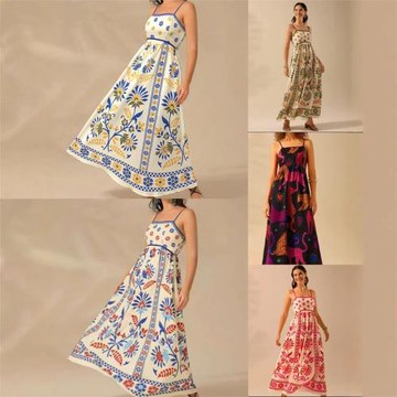 跨境歐美亞馬遜2025夏季新款花卉印花吊帶連衣裙度假風外貿女裝