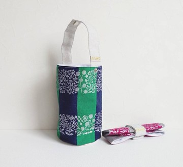 【BDR/飲料提袋】燙銀花草 綠藍 裡布防潑水 日本帆布  釦式收納