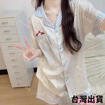 【甜美睡衣】撞色小狗雲朵棉短袖睡衣女款 夏季新款 短袖短褲家居服 可愛卡通 甜美少女家居服 可外穿兩件套