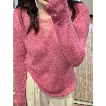 時尚氣質絕美粉色圓領長袖針織毛衣女秋季新款獨特慵懶風軟糯小衫