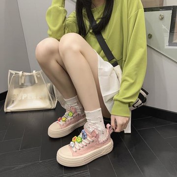 厚底松糕白色帆布鞋女2024春季新款小白鞋時尚休閑板鞋百搭學生潮