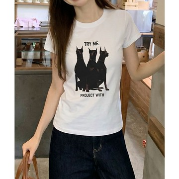 正肩短袖t恤女ins夏季復古美式印花辣妹短款上衣女