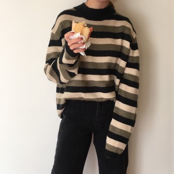 新款韓版條紋長袖套頭毛衣女春季寬松針織衫女百搭顯瘦上衣潮1入