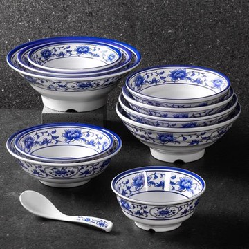 密胺青花拉面碗仿瓷餐具米線碗復古湯粉碗面館專用碗商用麻辣燙碗