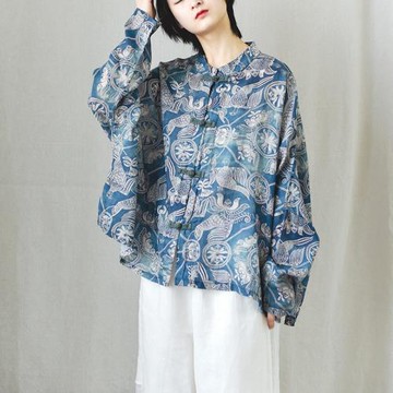 一夢三秋復古民族風對襟盤扣開衫上衣寬松蝙蝠袖苧麻印花國風襯衫