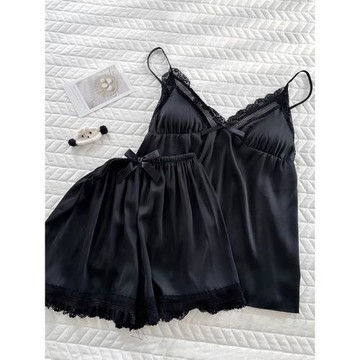 吊帶睡衣女款夏季冰絲2025新款性感絲綢v領花邊帶胸墊黑色兩件套