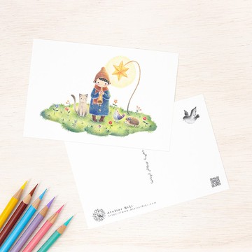 五入組。宛如繪本般的明信片「白楊樹與動物們，星光音樂會」PC-63