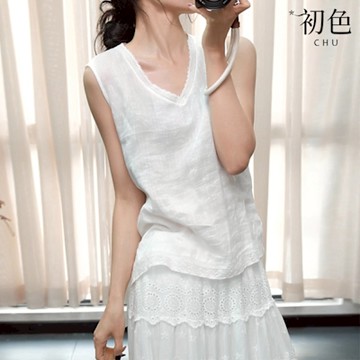 初色 日系文藝蕾絲花邊純色簡約休閒百搭無袖打底背心上衣女上衣-共2色-12641(M-2XL可選)