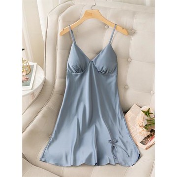 睡衣女春夏冰絲薄吊帶性感帶胸墊純色V領露背家居服純欲誘惑睡裙