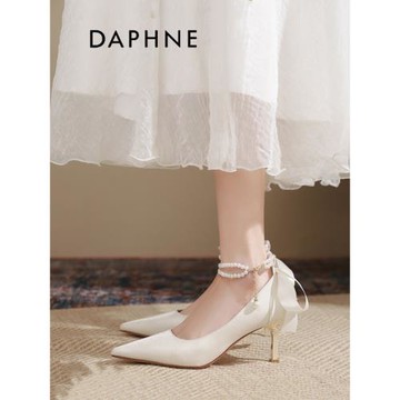 達芙妮法式優雅尖頭新娘高跟鞋女2024秋季新款氣質蝴蝶結細跟婚鞋