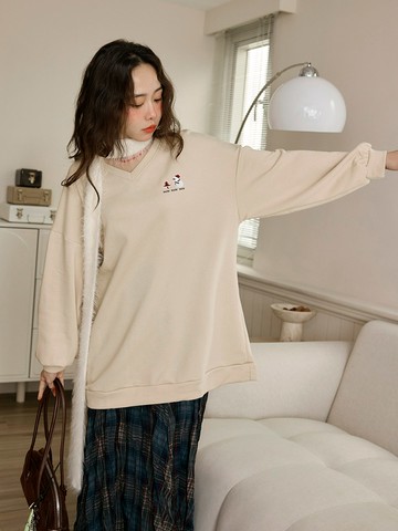 抗UV純色V領雪人刺繡長版上衣