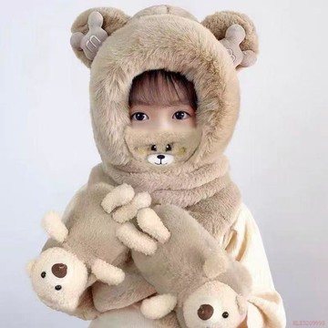 臺灣出貨12H🌈兒童帽子冬季加絨加厚女童圍巾手套一體帽寶寶保暖防風口罩毛絨帽