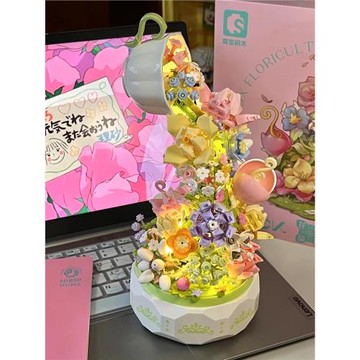 積木花八音盒花顏茶語拼圖成人版女孩生日禮物益智拼裝玩具小顆粒