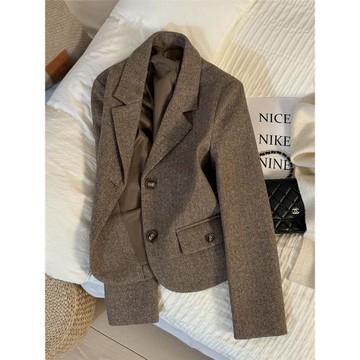 2025秋冬新款淺咖色韓版洋氣毛呢短款西裝外套女小個子正裝小西服