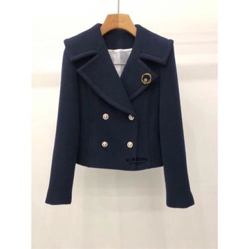 藏青色短款毛呢外套女2025秋冬新款韓版寬松英倫風小個子呢子大衣