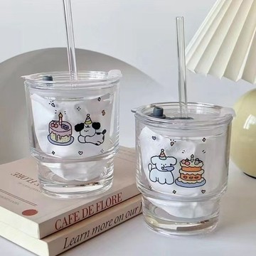 可愛玻璃杯 韓國風杯子 ins風玻璃吸管杯子 少女心水杯 學生喝水杯子 玻璃杯有蓋 吸管杯子 吸管玻璃杯 玻璃吸管杯