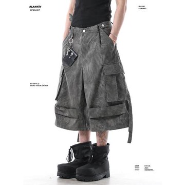 (免運)BLANKIN 夏季飄帶設計感休閑褲美式街頭廓形闊腿工裝短褲七分褲子