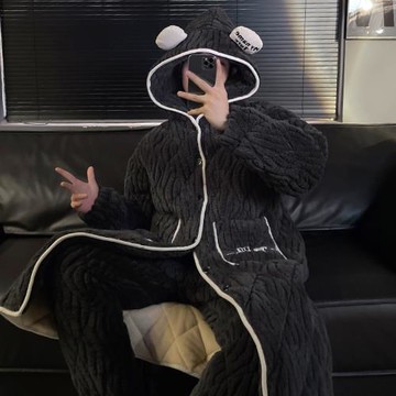 秋冬季男士睡衣三層夾棉襖睡袍加絨加厚珊瑚絨保暖連帽家居服套裝