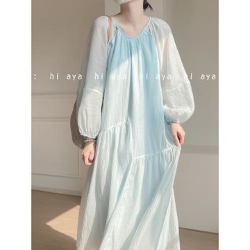 茶歇法式藍色連衣裙夏裝2025清冷文藝優雅氣質度假風拼接長袖裙子