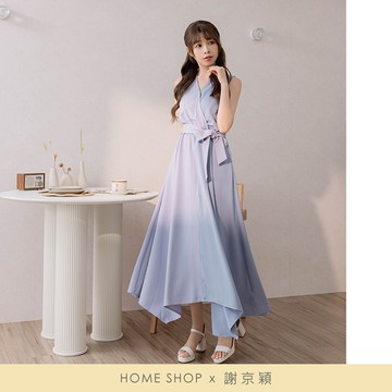 【1+1優惠】【謝京穎 聯名系列】HS 浪漫拼色傘擺長洋裝 淺藍