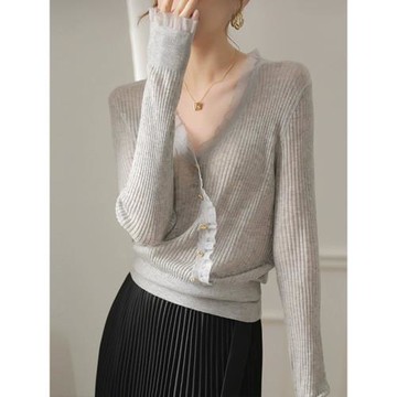 2025年秋冬新款女裝高級輕熟風氣質V領上衣法式設計感長袖針織衫