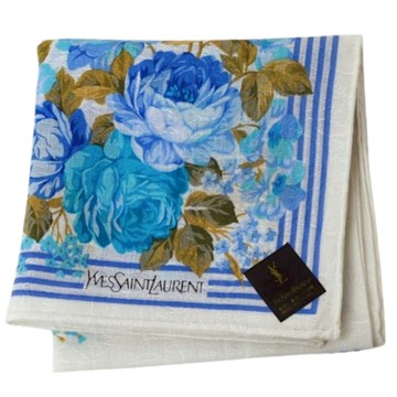 YSL Yves Saint Laurent 浮水印蔓藤繽紛玫瑰花朵圖騰YSL字母LOGO帕領巾(米白系/48CM)