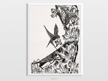 玉蘭花和鳥牆藝術 Linocut 打印黑色植物插圖