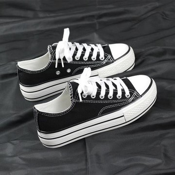 基本款松糕厚底帆布鞋女平底低幫板鞋黑底圓頭學生布鞋2021年百搭