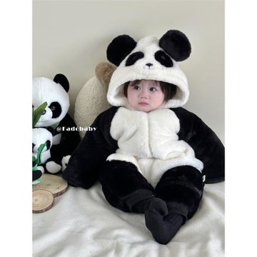 嬰兒熊貓夾棉加厚連體衣冬季連帽爬服新生兒寶寶毛絨加絨保暖外出