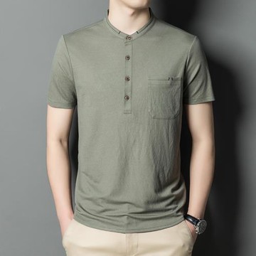 2025夏季休閑男士立領短袖t恤中青年潮流男裝修身半袖體恤衫上衣