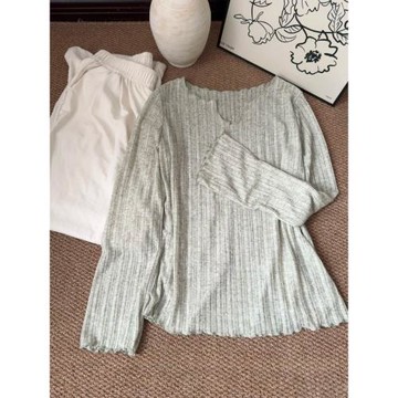 木耳邊v領微透超好看長袖T恤女早秋薄款肌理打底上衣春夏防曬罩衫